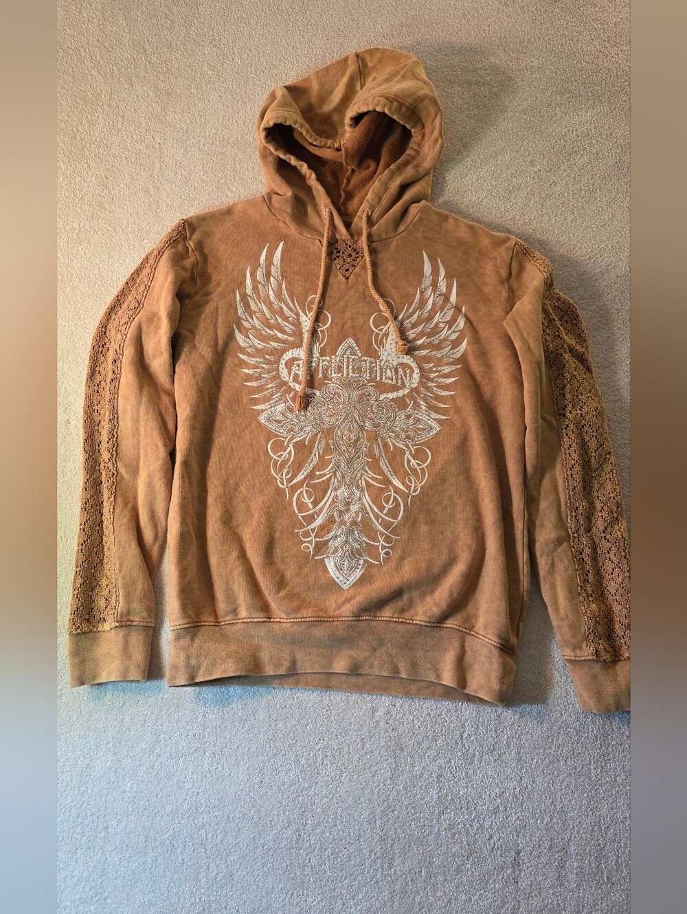 Affliction Graphic Wings Rhinestone Crochet Hoodie Yellow Womens S
